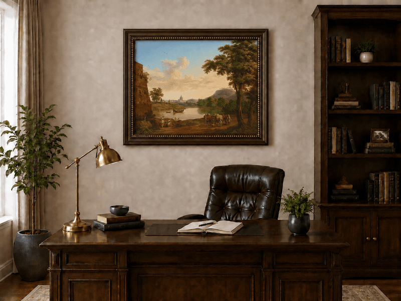 Peinture à l'huile de paysage - Rivière romaine et voyageurs