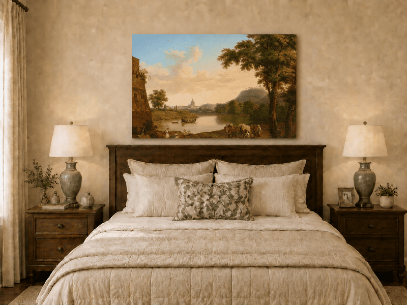 Peinture à l'huile de paysage - Rivière romaine et voyageurs