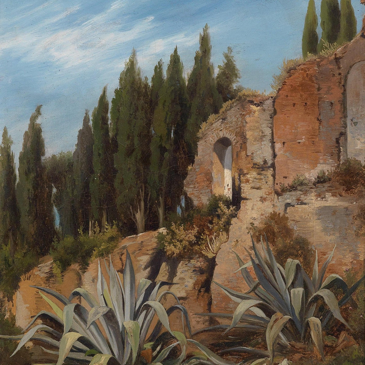 Landscape Oil Painting - Roman Ruins, Cypress Trees & Succulents - Oil Painting Haven
