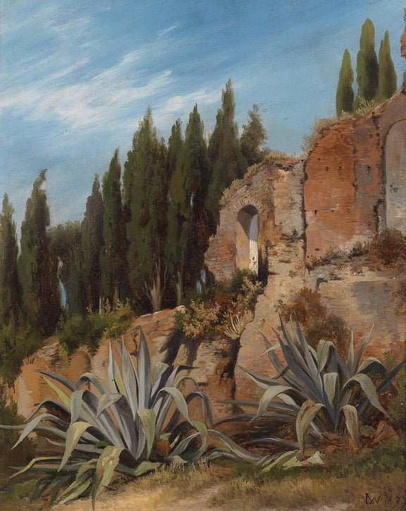 Landscape Oil Painting - Roman Ruins, Cypress Trees & Succulents - Oil Painting Haven