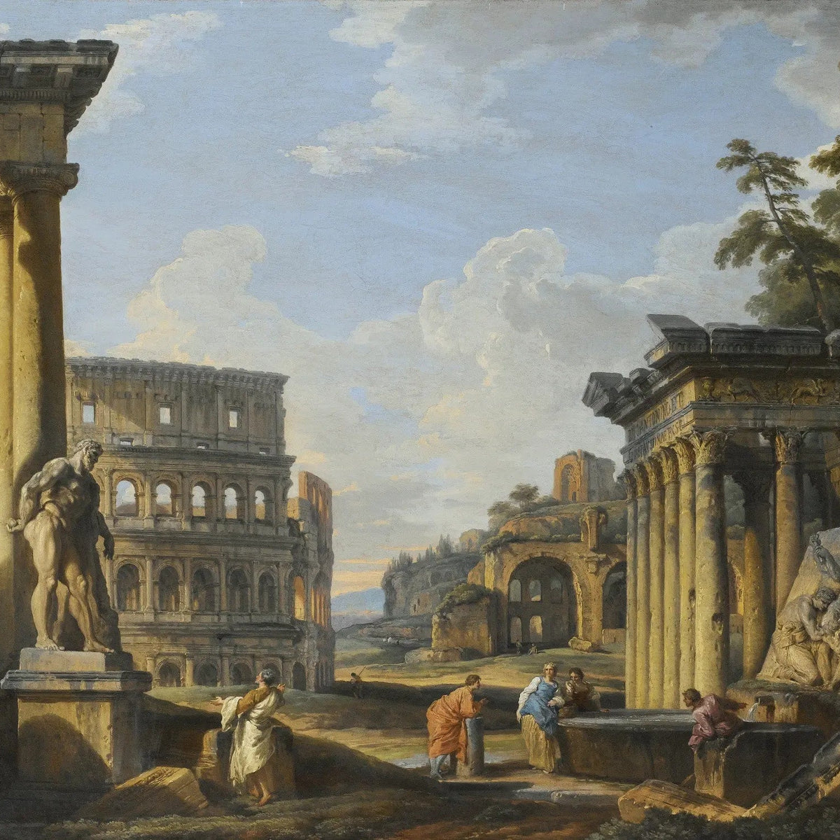 Landscape Oil Painting - Roman Ruins with Figures & Statues - Oil Painting Haven
