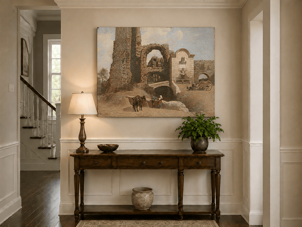 Landscape Oil Painting - Roman Ruins with Fountain and Horse Cart