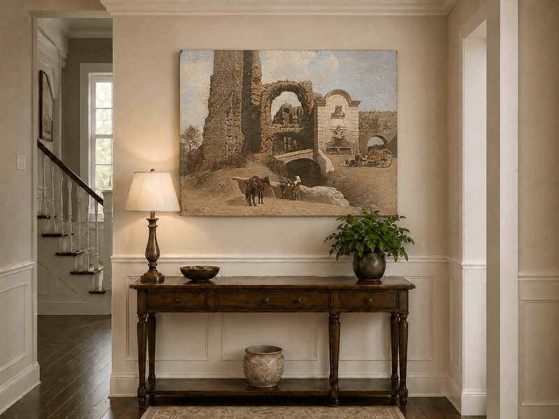 Landscape Oil Painting - Roman Ruins with Fountain and Horse Cart