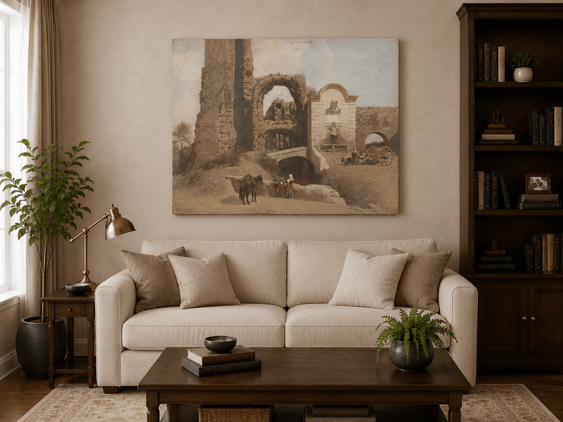 Landscape Oil Painting - Roman Ruins with Fountain and Horse Cart