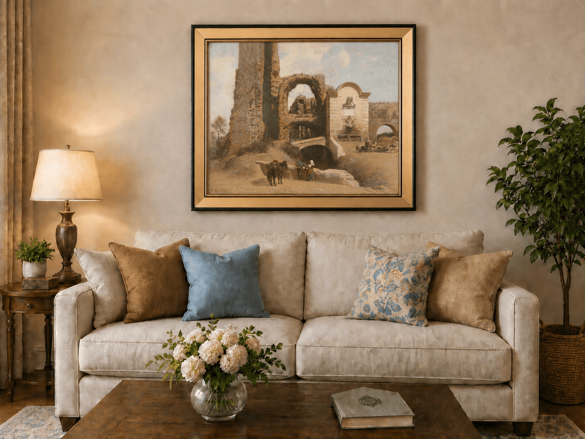 Landscape Oil Painting - Roman Ruins with Fountain and Horse Cart