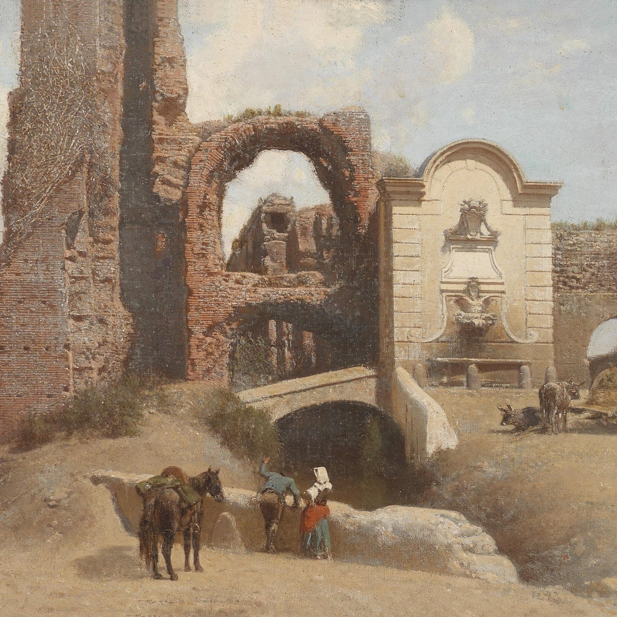 Landscape Oil Painting - Roman Ruins with Fountain and Horse Cart - Oil Painting Haven