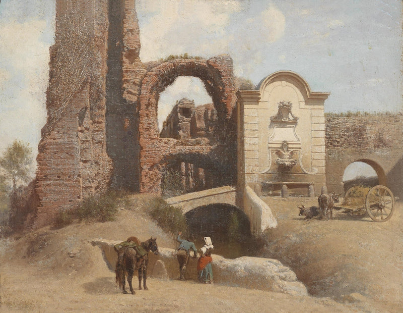 Landscape Oil Painting - Roman Ruins with Fountain and Horse Cart - Oil Painting Haven