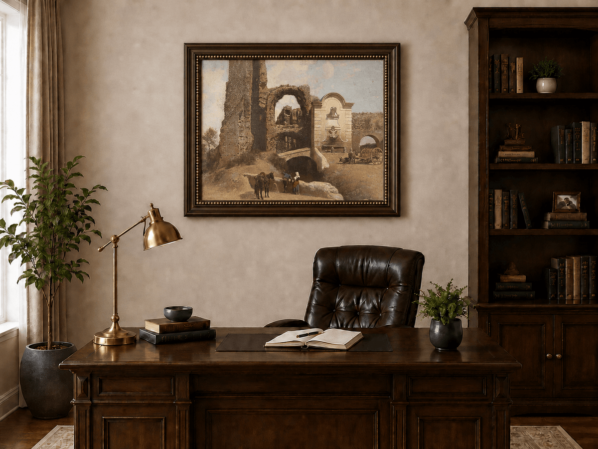Landscape Oil Painting - Roman Ruins with Fountain and Horse Cart