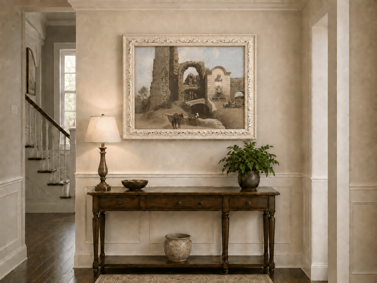 Landscape Oil Painting - Roman Ruins with Fountain and Horse Cart
