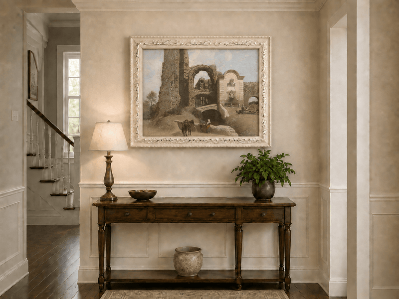 Landscape Oil Painting - Roman Ruins with Fountain and Horse Cart