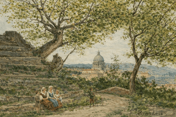 Hand-painted roman view with basilica and garden path landscape oil painting on canvas