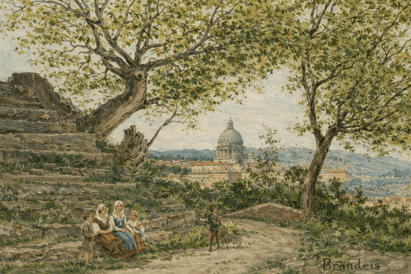 Hand-painted roman view with basilica and garden path landscape oil painting on canvas