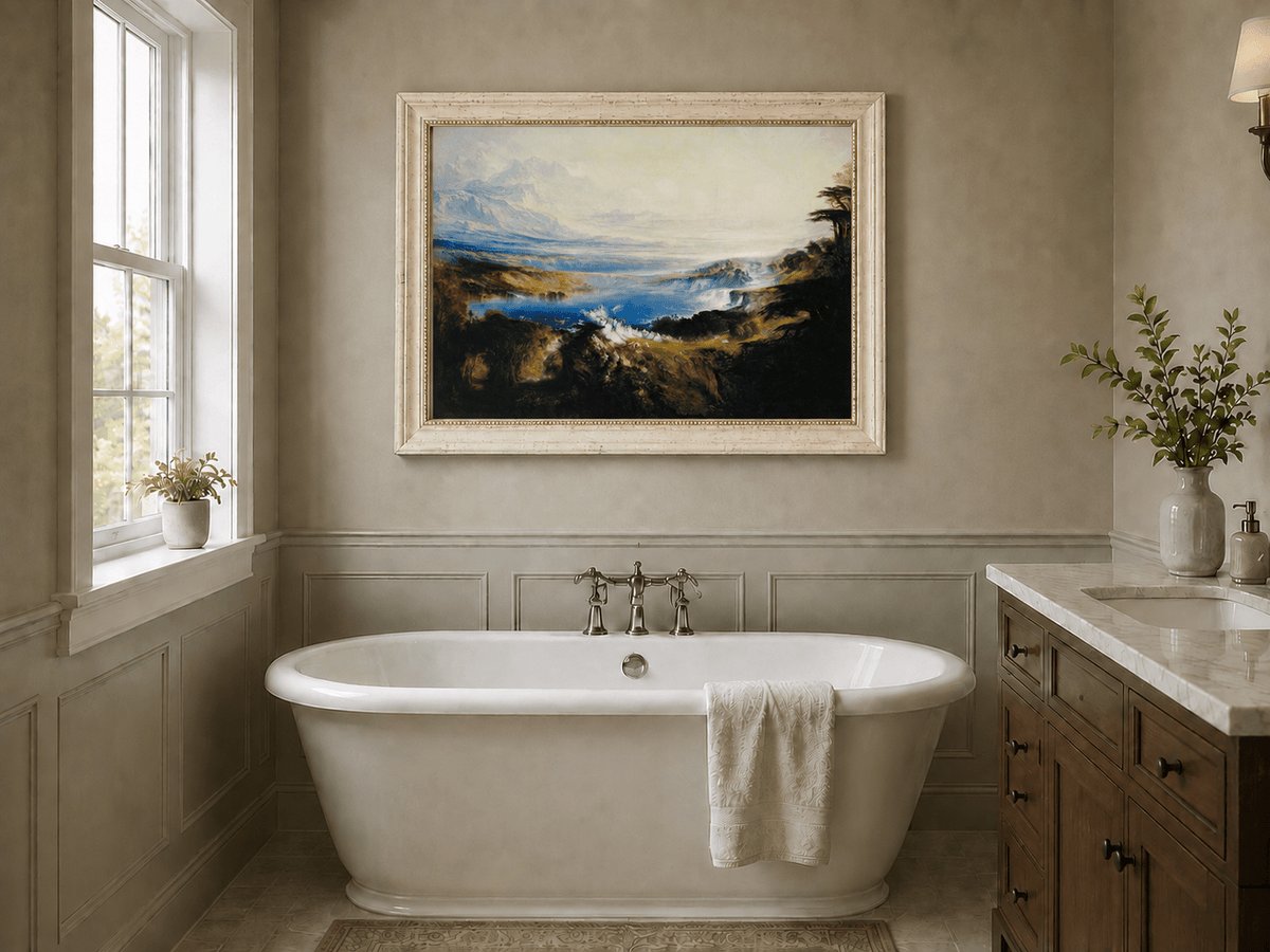 Landscape Oil Painting - Romantic Lake & Mountain Vista Swans