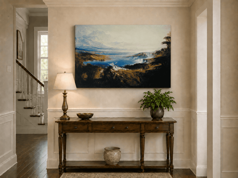 Landscape Oil Painting - Romantic Lake & Mountain Vista Swans