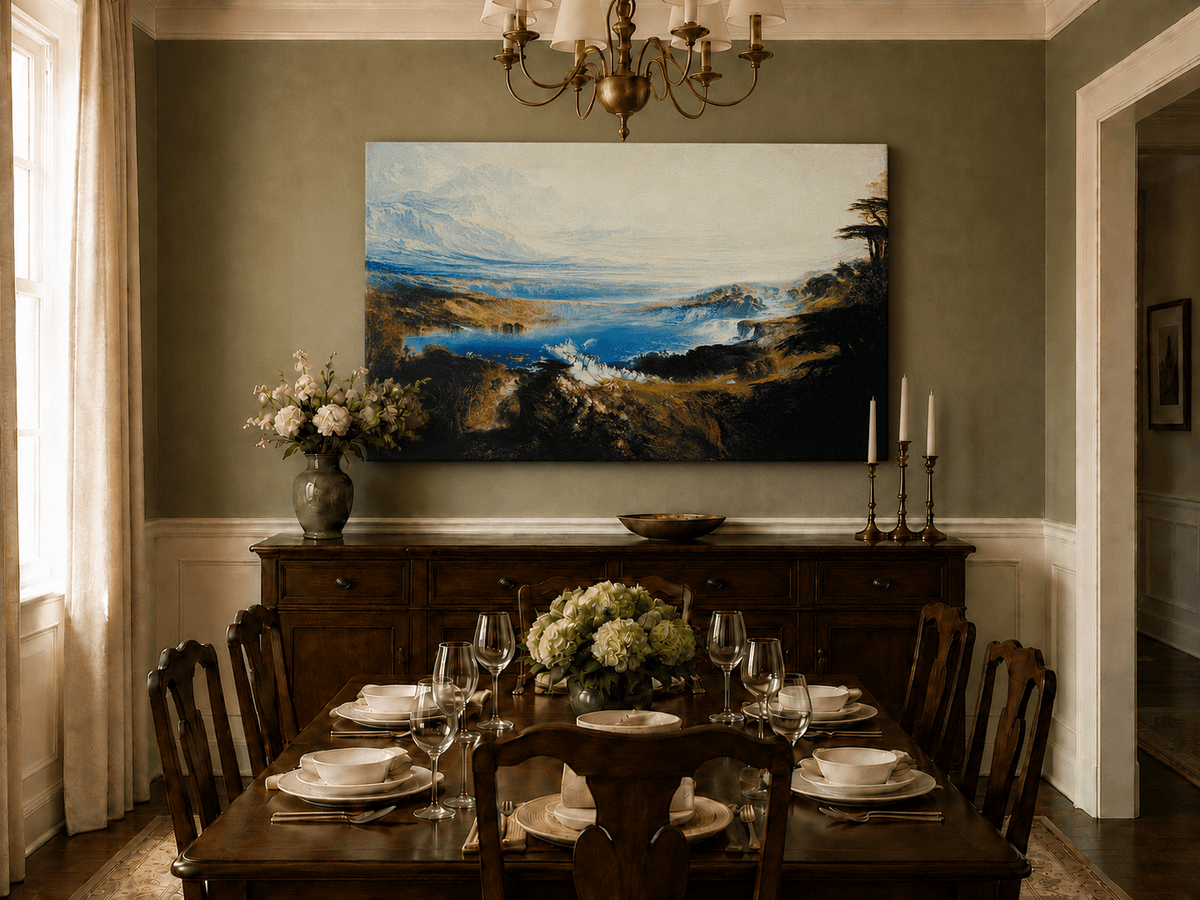 Landscape Oil Painting - Romantic Lake & Mountain Vista Swans