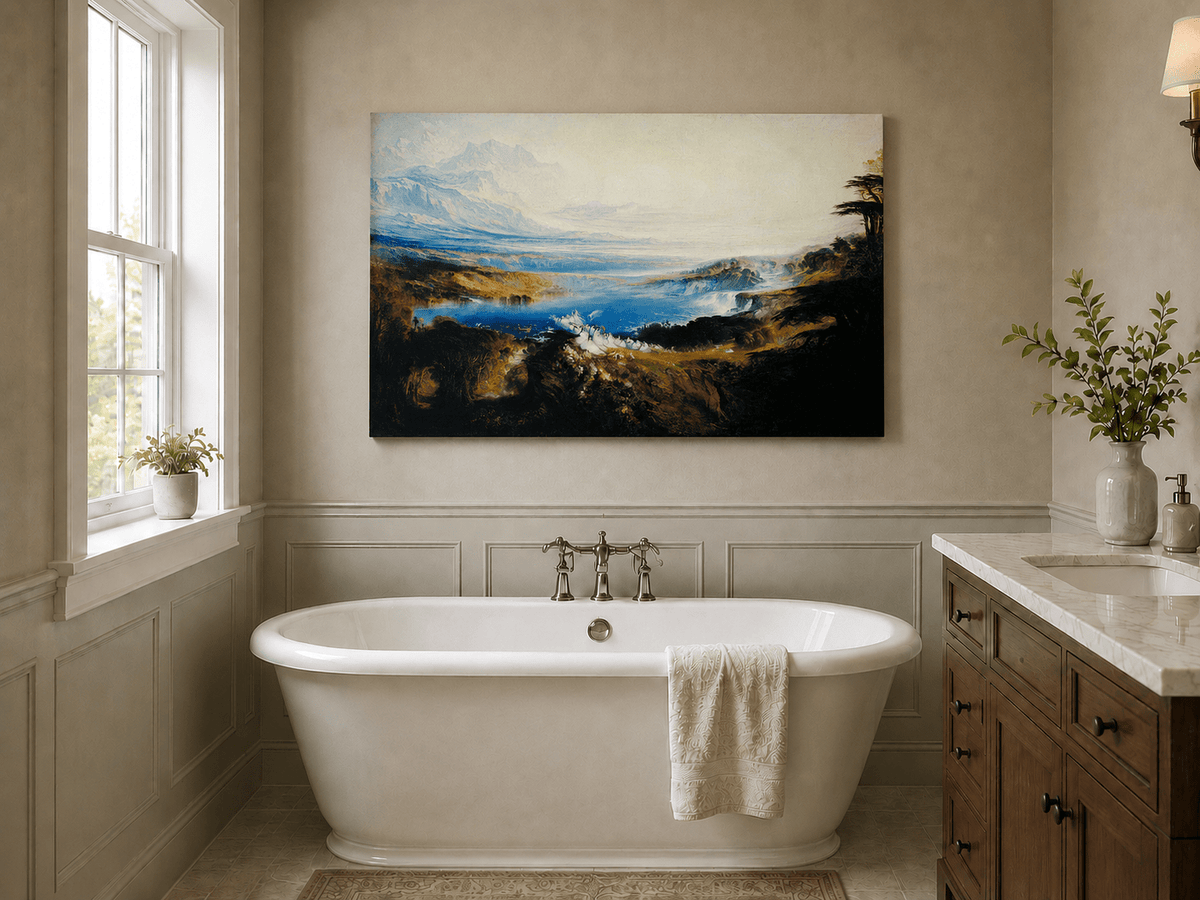 Landscape Oil Painting - Romantic Lake & Mountain Vista Swans