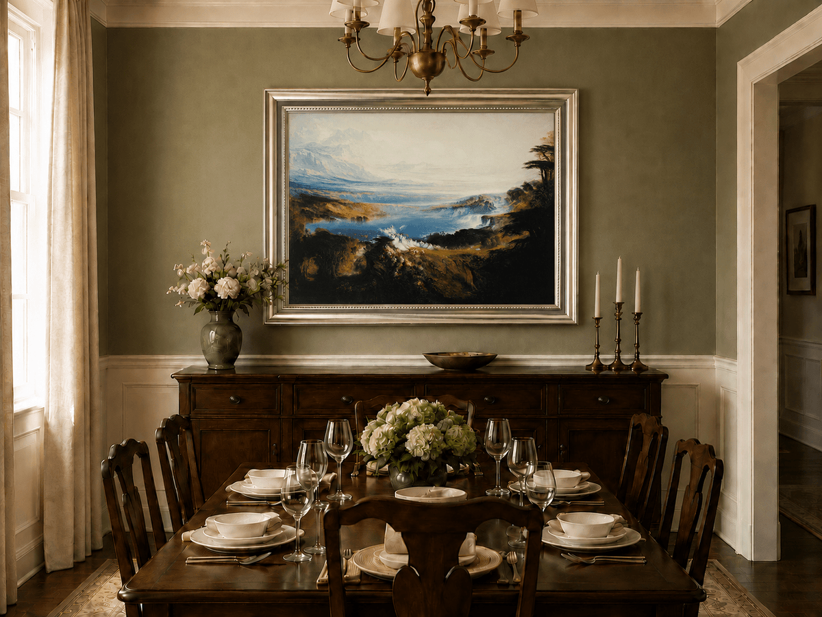 Landscape Oil Painting - Romantic Lake & Mountain Vista Swans