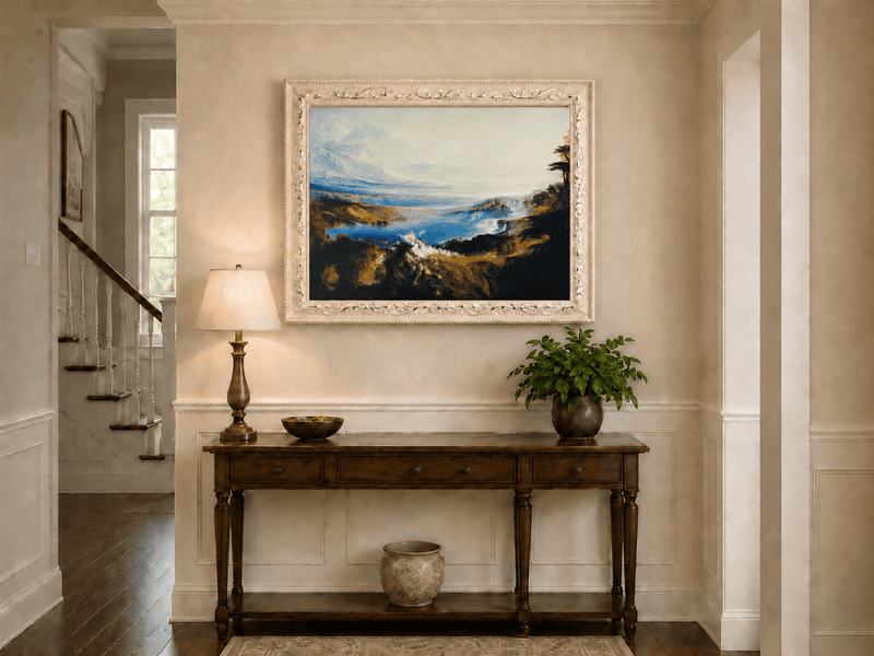 Landscape Oil Painting - Romantic Lake & Mountain Vista Swans