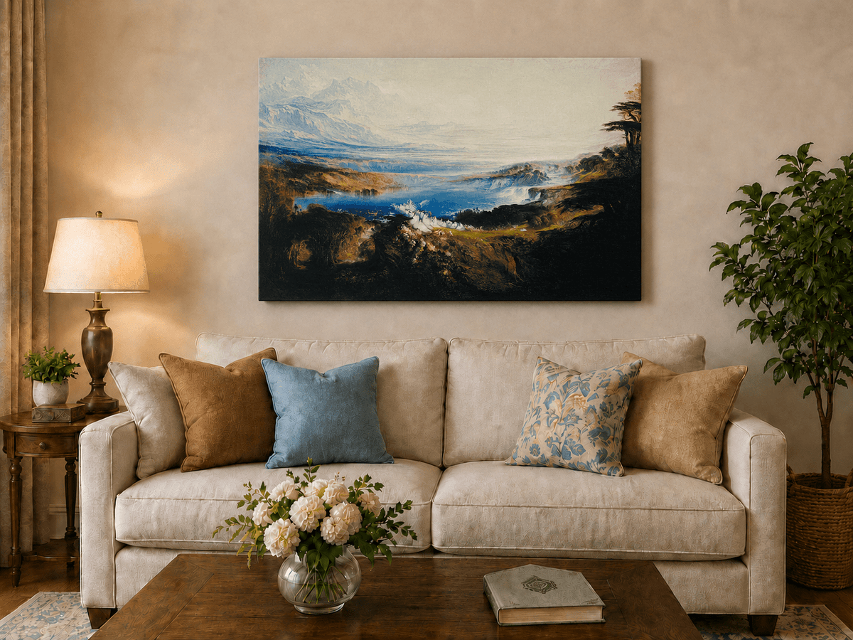 Landscape Oil Painting - Romantic Lake & Mountain Vista Swans