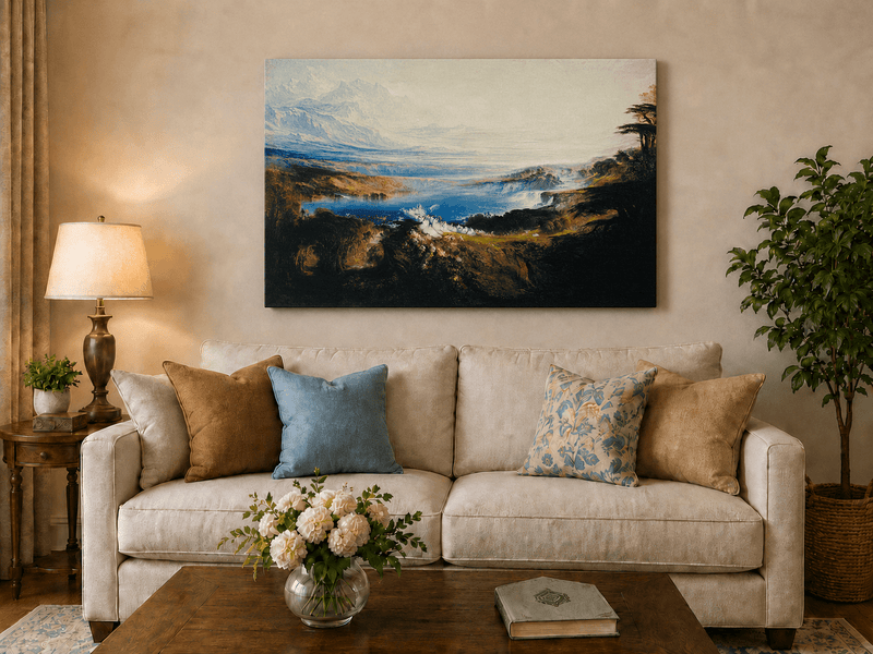 Landscape Oil Painting - Romantic Lake & Mountain Vista Swans