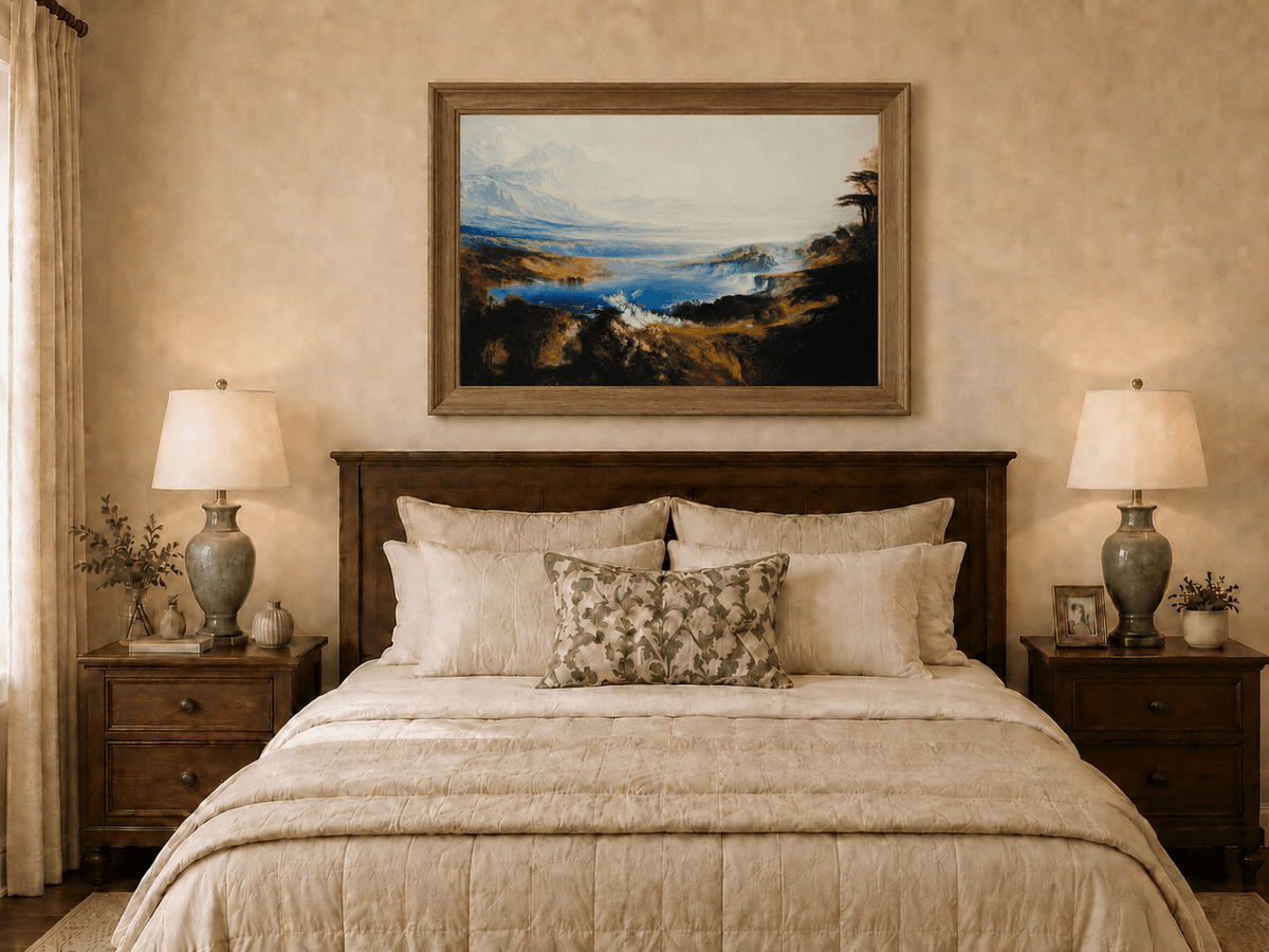 Landscape Oil Painting - Romantic Lake & Mountain Vista Swans