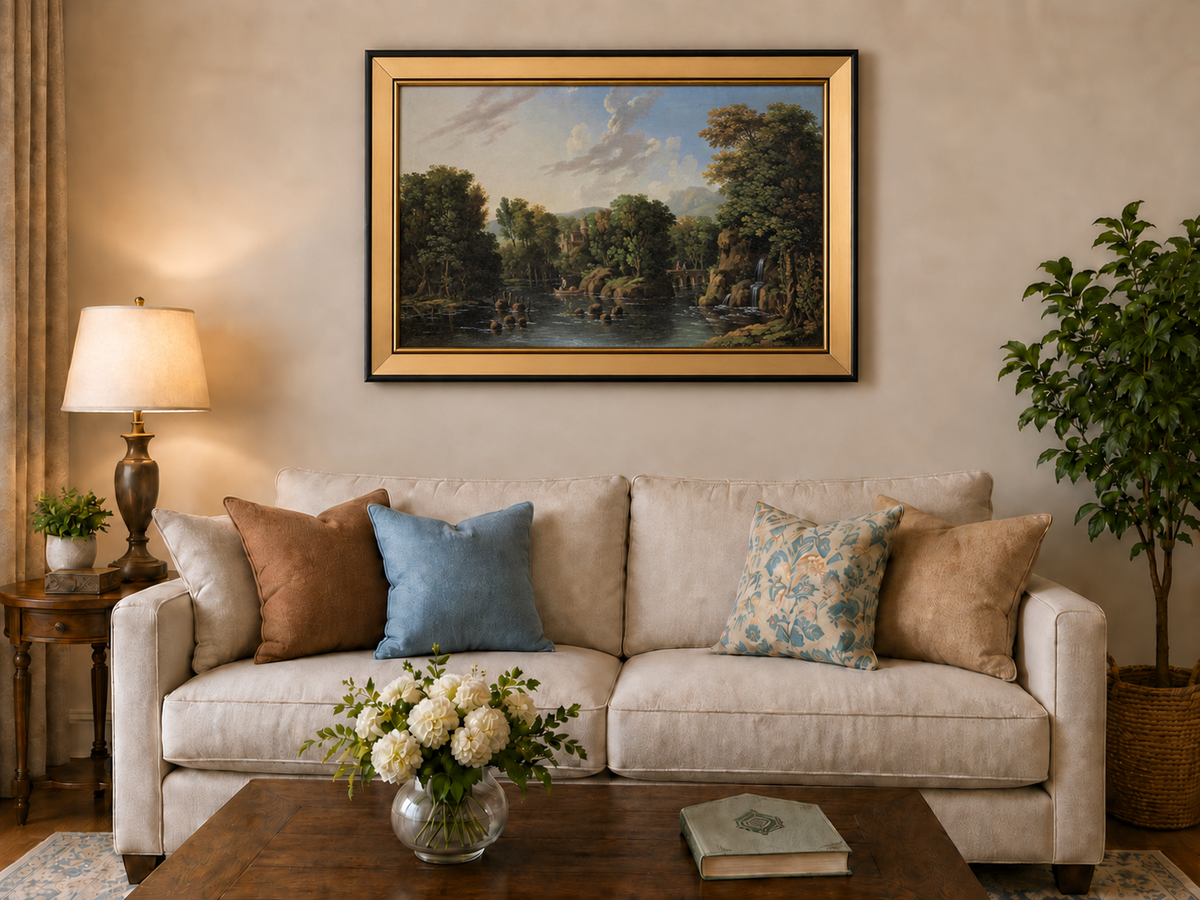 Hand-painted Romantic River Estate with Waterfall landscape oil painting displayed as wall art in a styled interior