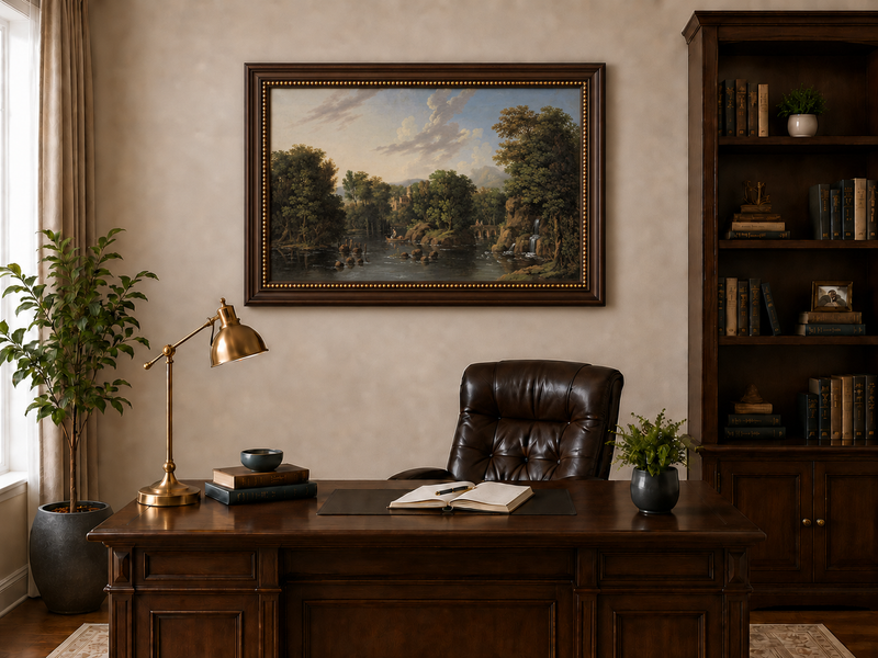 Hand-painted Romantic River Estate with Waterfall landscape oil painting displayed as wall art in a styled interior