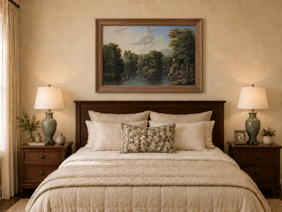 Hand-painted Romantic River Estate with Waterfall landscape oil painting displayed as wall art in a styled interior