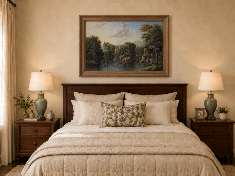 Hand-painted Romantic River Estate with Waterfall landscape oil painting displayed as wall art in a styled interior