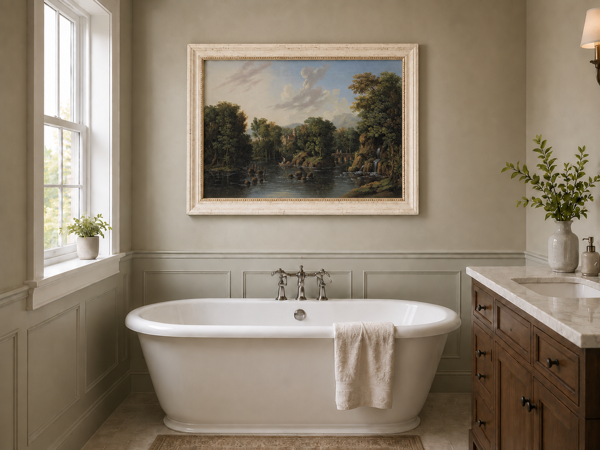 Hand-painted Romantic River Estate with Waterfall landscape oil painting displayed as wall art in a styled interior