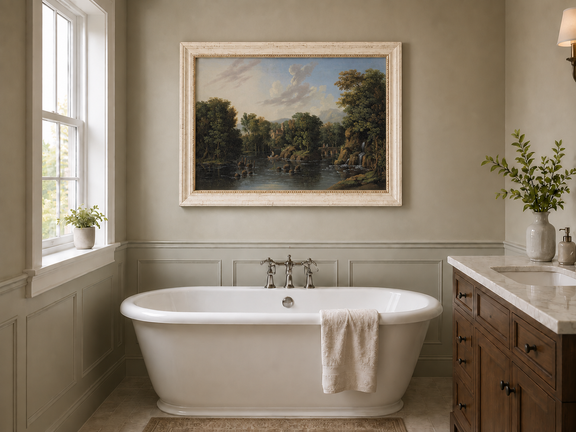 Hand-painted Romantic River Estate with Waterfall landscape oil painting displayed as wall art in a styled interior