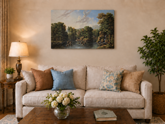 Hand-painted Romantic River Estate with Waterfall landscape oil painting displayed as wall art in a styled interior