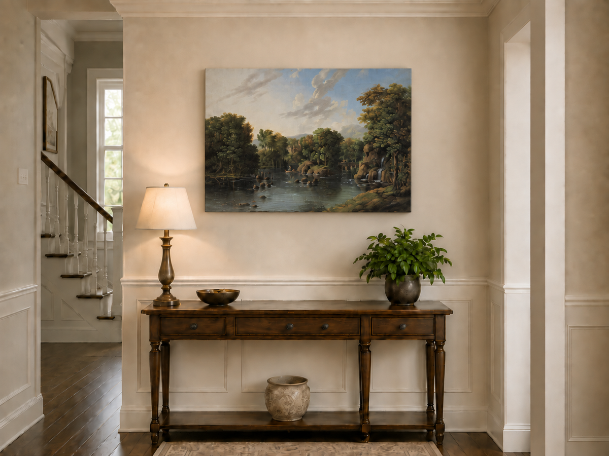 Hand-painted Romantic River Estate with Waterfall landscape oil painting displayed as wall art in a styled interior