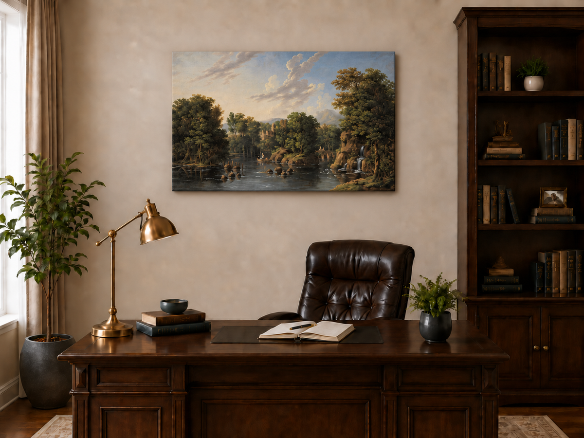 Hand-painted Romantic River Estate with Waterfall landscape oil painting displayed as wall art in a styled interior