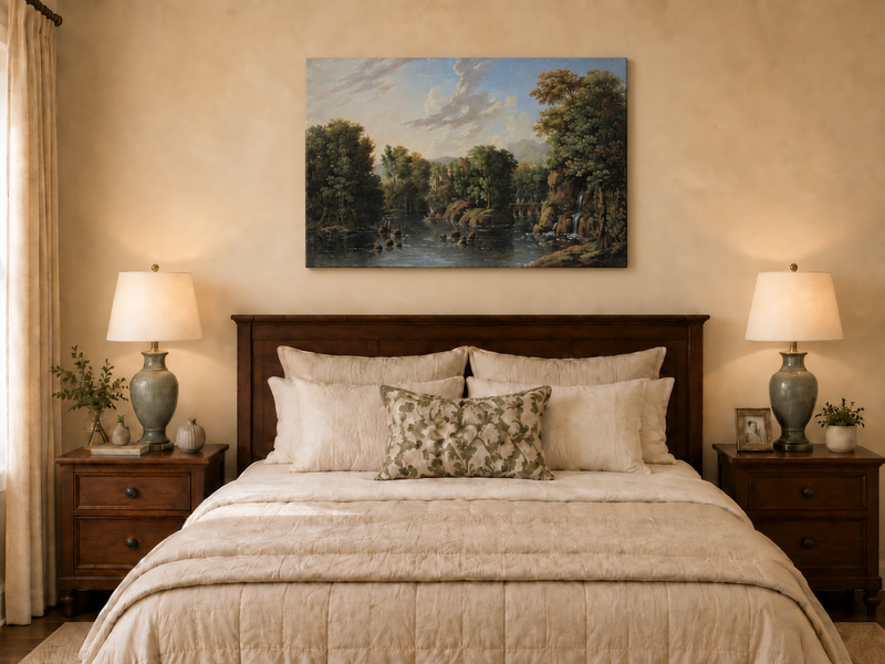 Hand-painted Romantic River Estate with Waterfall landscape oil painting displayed as wall art in a styled interior