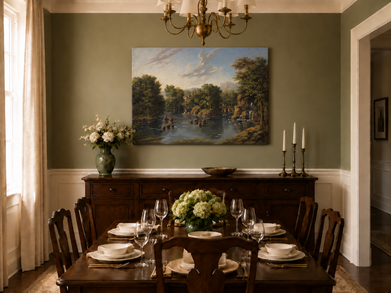 Hand-painted Romantic River Estate with Waterfall landscape oil painting displayed as wall art in a styled interior