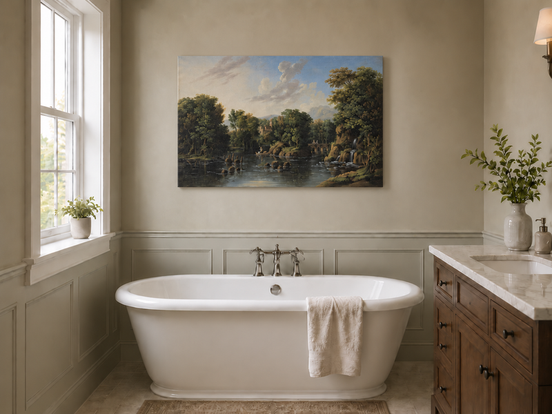 Hand-painted Romantic River Estate with Waterfall landscape oil painting displayed as wall art in a styled interior