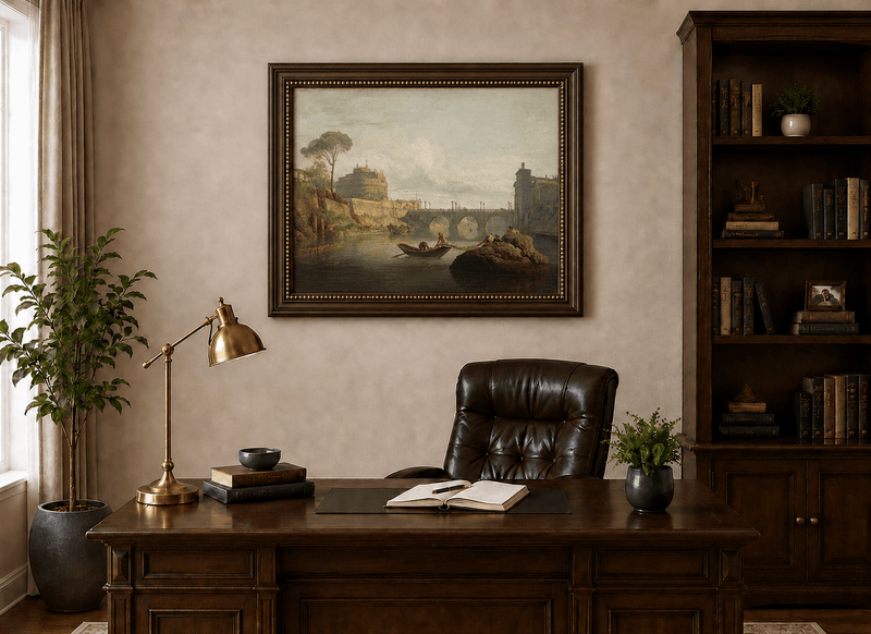 Rome river bridge and Castel Sant Angelo landscape oil painting presented in an interior wall art mockup.