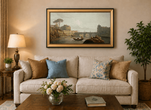 Rome Castel Sant Angelo river bridge scene landscape oil painting displayed in a styled home interior.