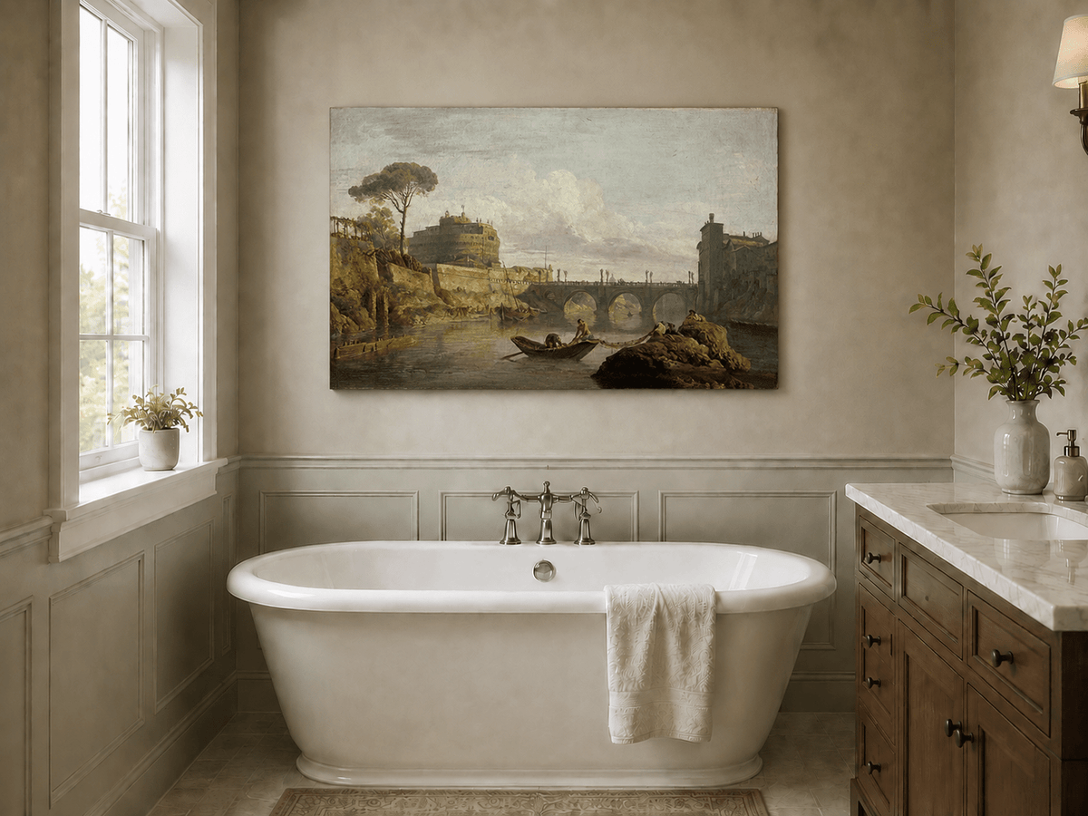 Rome Castel Sant Angelo river bridge scene landscape oil painting presented as styled home decor.