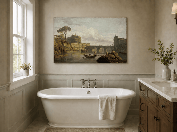 Rome Castel Sant Angelo river bridge scene landscape oil painting presented as styled home decor.