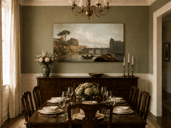 Hand-painted Rome river bridge landscape artwork in an interior display.