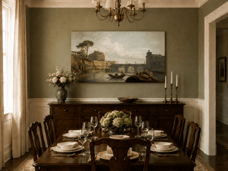 Hand-painted Rome river bridge landscape artwork in an interior display.