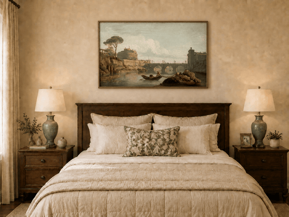 Castel Sant Angelo river bridge oil painting displayed as landscape wall decor.