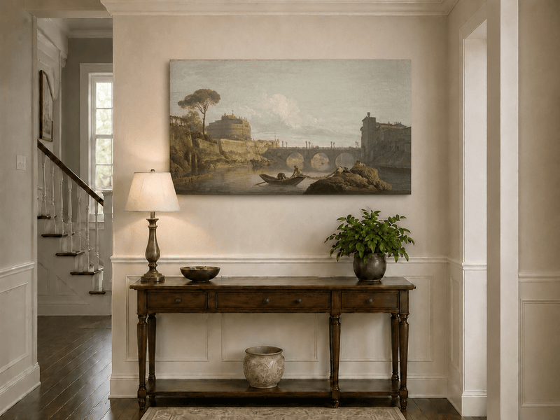 Historic Rome river landscape painting shown as decorative oil wall art.