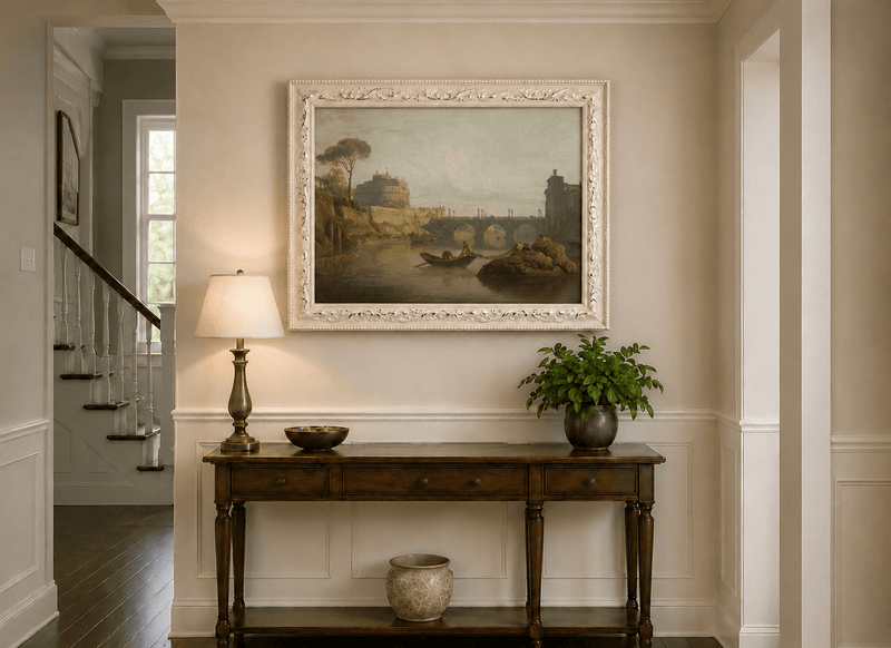 Castel Sant Angelo and Rome river bridge hand-painted oil artwork shown as home wall decor.