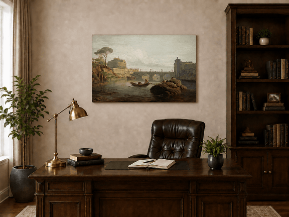 Interior wall art view featuring Rome Castel Sant Angelo and river bridge oil painting.
