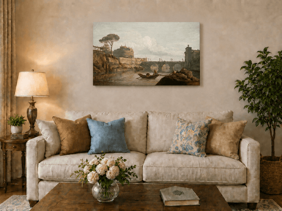 Castel Sant Angelo river scene hand-painted oil artwork displayed in a second interior view.