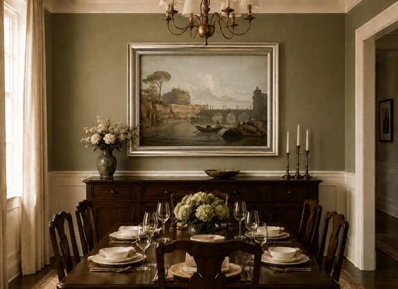 Castel Sant Angelo and river bridge oil landscape artwork shown in a styled home interior.