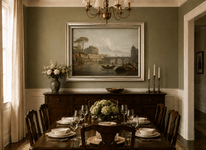 Castel Sant Angelo and river bridge oil landscape artwork shown in a styled home interior.